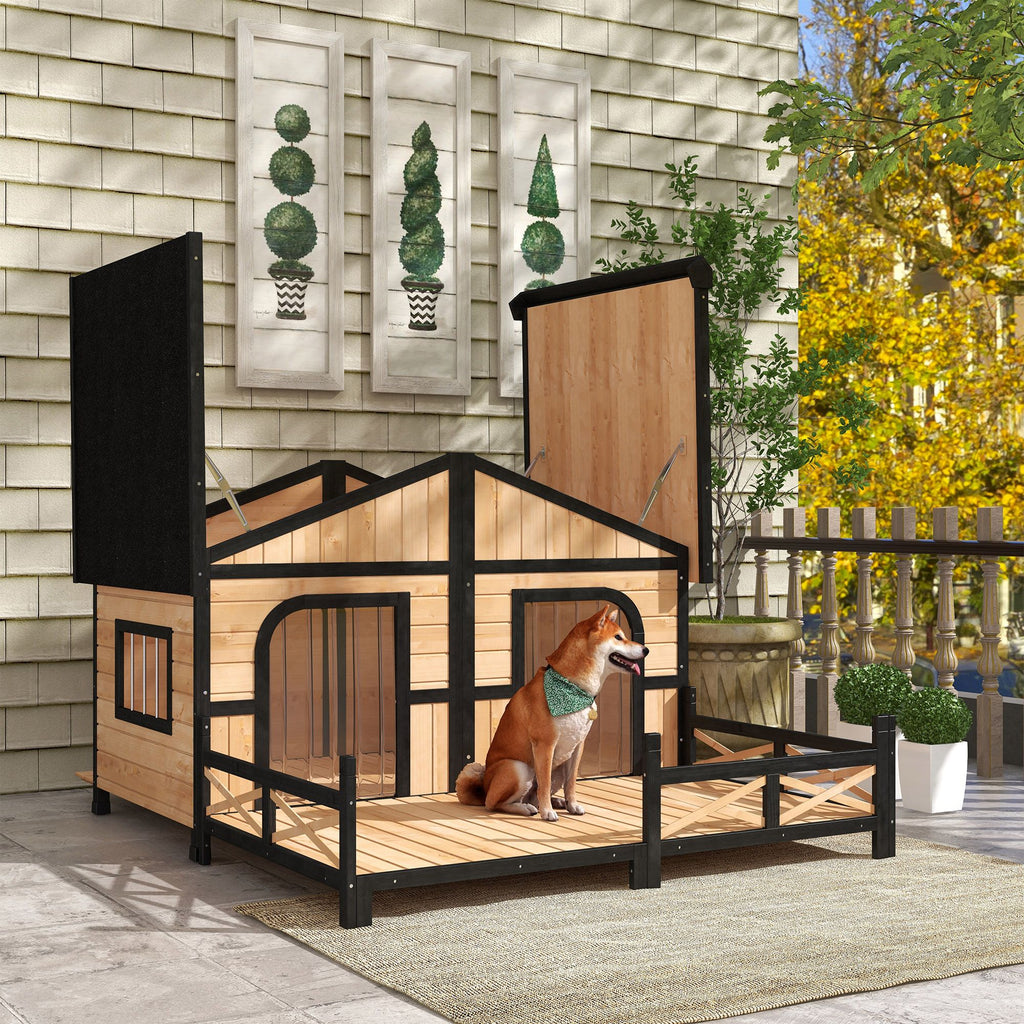 Spacious Double Dog House with Porch – Weatherproof Rustic Log Cabin Style