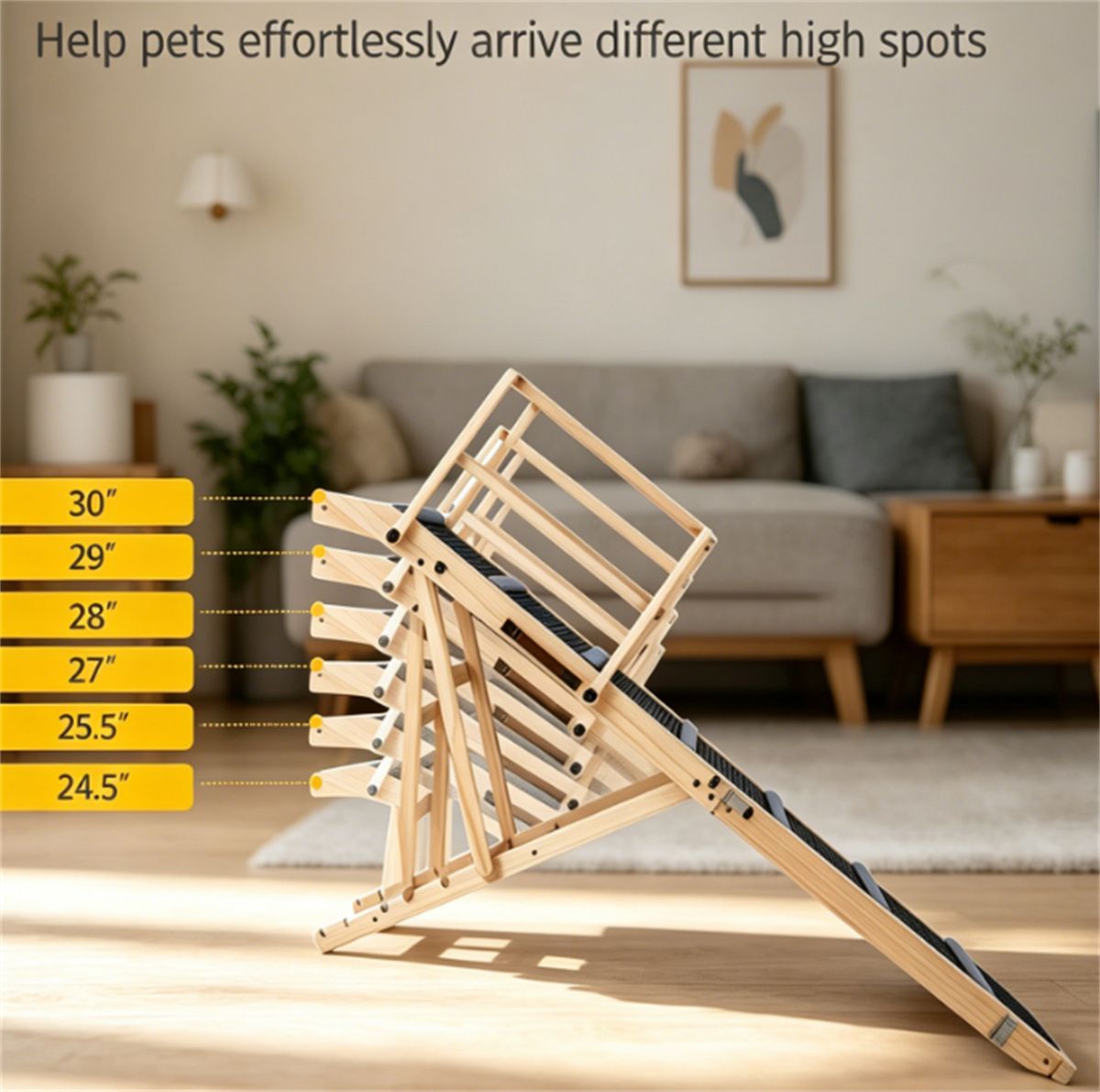 6-Level Adjustable Foldable Pet Ramp , Solid Pine Wood Non-Slip Dog Stairs with Side Rails, 145 lbs Heavy Duty Pet Step for Senior Dogs & Pets with Mobility Issues