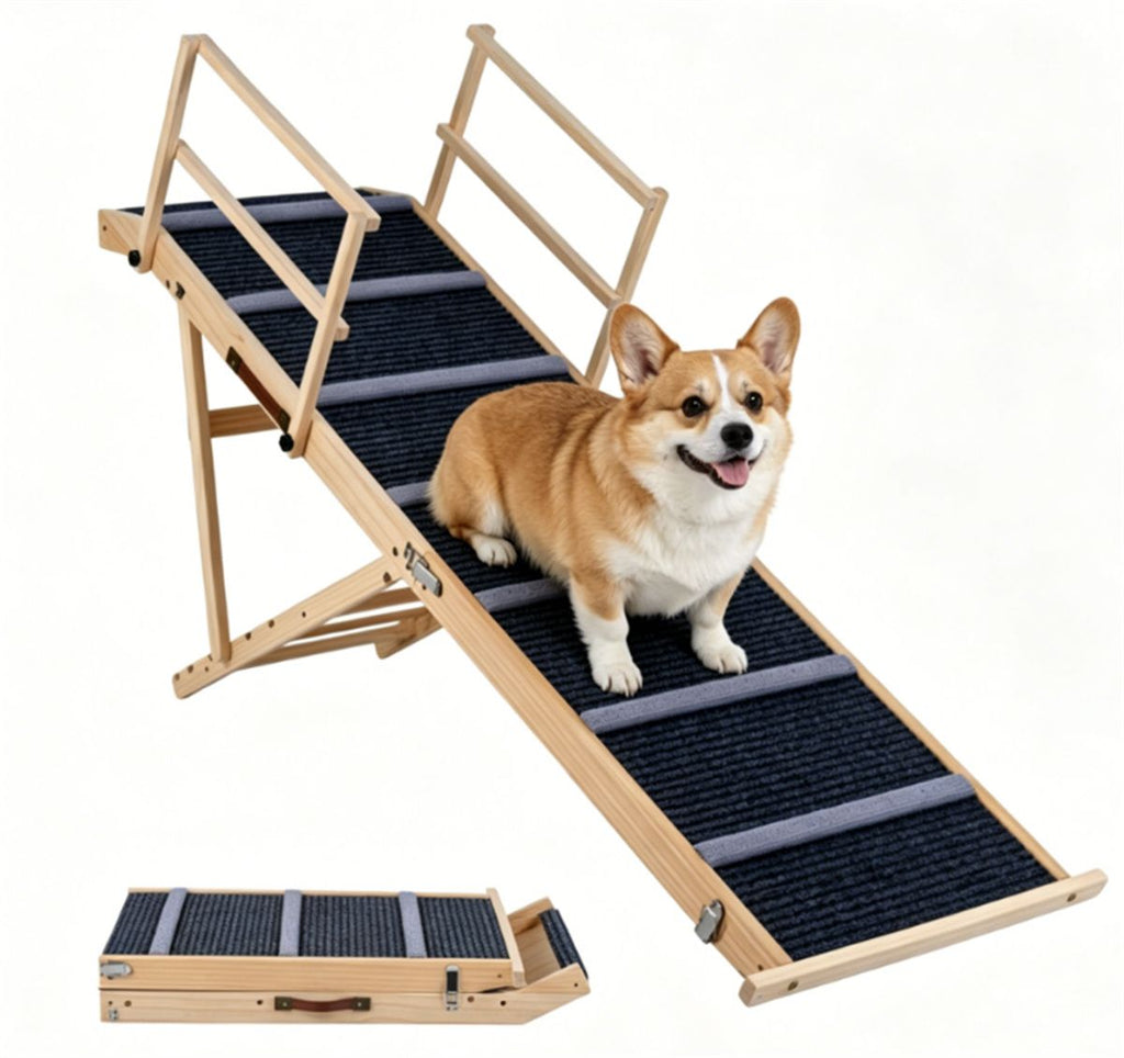 6-Level Adjustable Foldable Pet Ramp , Solid Pine Wood Non-Slip Dog Stairs with Side Rails, 145 lbs Heavy Duty Pet Step for Senior Dogs & Pets with Mobility Issues