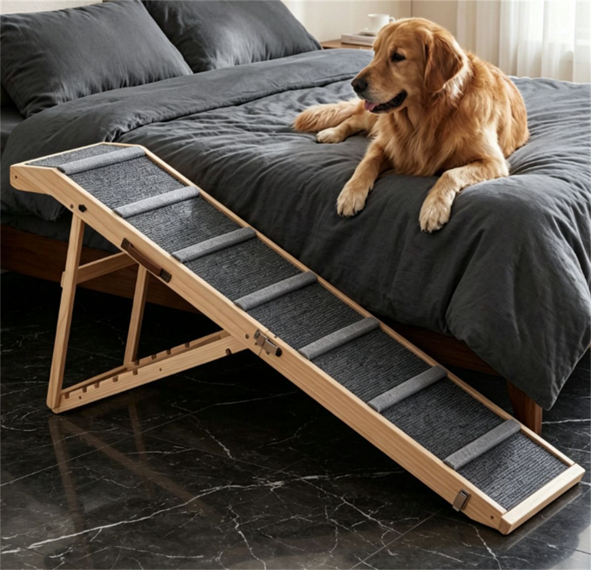6-Level Adjustable Foldable Pet Ramp , Solid Pine Wood Non-Slip Dog Stairs with Side Rails, 145 lbs Heavy Duty Pet Step for Senior Dogs & Pets with Mobility Issues