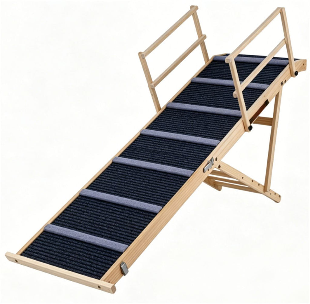 6-Level Adjustable Foldable Pet Ramp , Solid Pine Wood Non-Slip Dog Stairs with Side Rails, 145 lbs Heavy Duty Pet Step for Senior Dogs & Pets with Mobility Issues