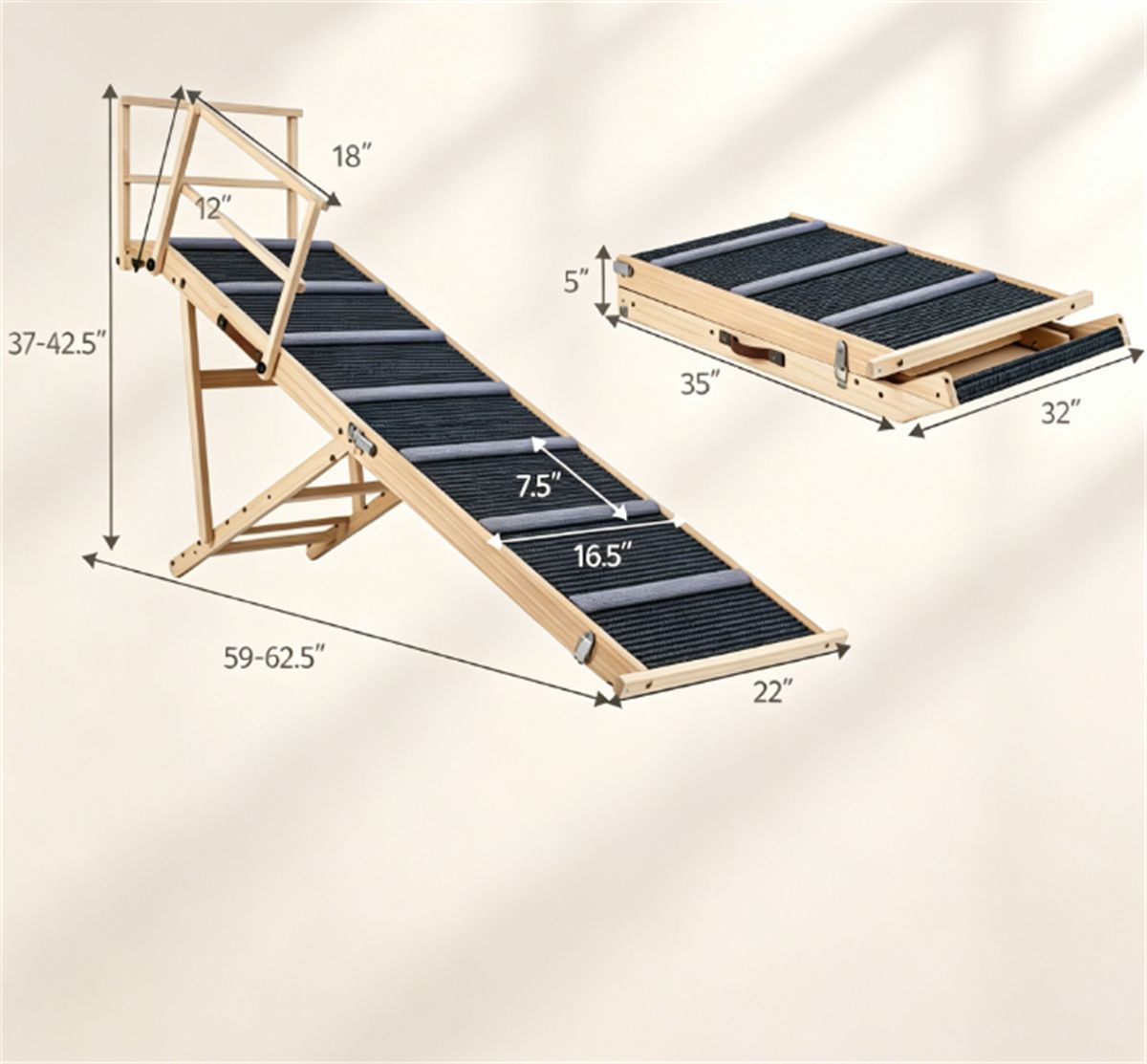 6-Level Adjustable Foldable Pet Ramp , Solid Pine Wood Non-Slip Dog Stairs with Side Rails, 145 lbs Heavy Duty Pet Step for Senior Dogs & Pets with Mobility Issues