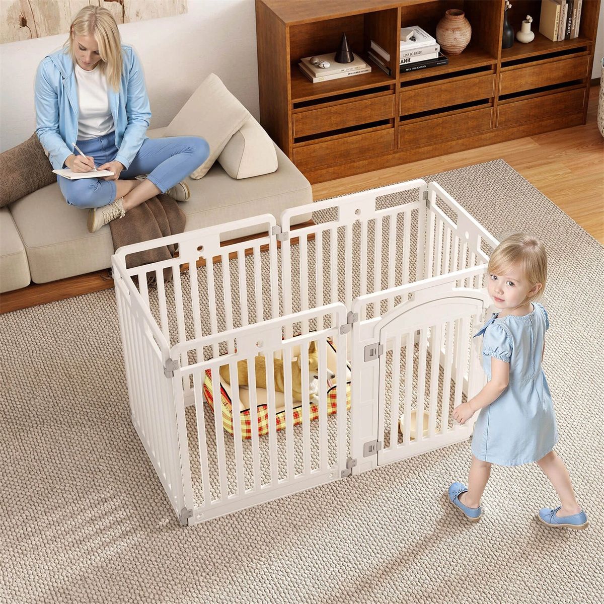 6-Panel HDPE Dog Playpen - Convertible Design (Playpen/Fence), Lockable Door, Suction Cups + Ground Stakes