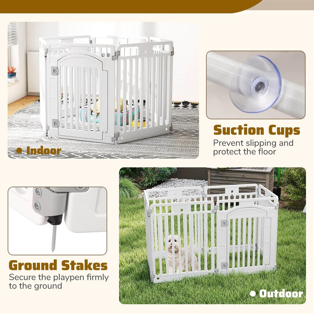 6-Panel HDPE Dog Playpen - Convertible Design (Playpen/Fence), Lockable Door, Suction Cups + Ground Stakes