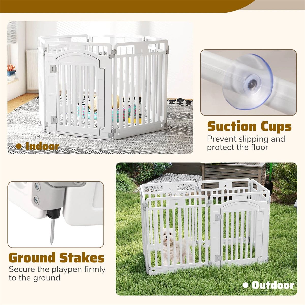 6-Panel HDPE Dog Playpen - Convertible Design (Playpen/Fence), Lockable Door, Suction Cups + Ground Stakes