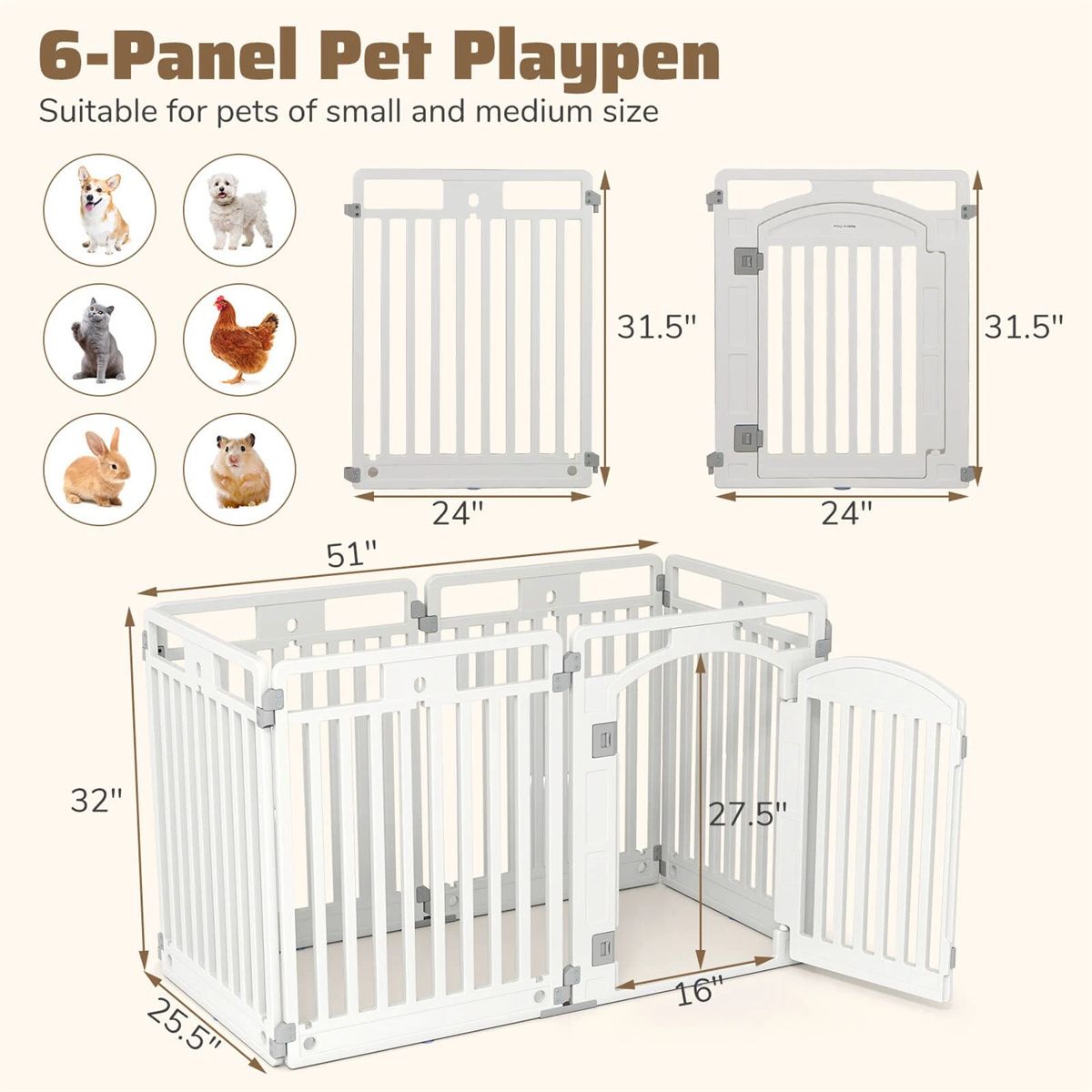 6-Panel HDPE Dog Playpen - Convertible Design (Playpen/Fence), Lockable Door, Suction Cups + Ground Stakes