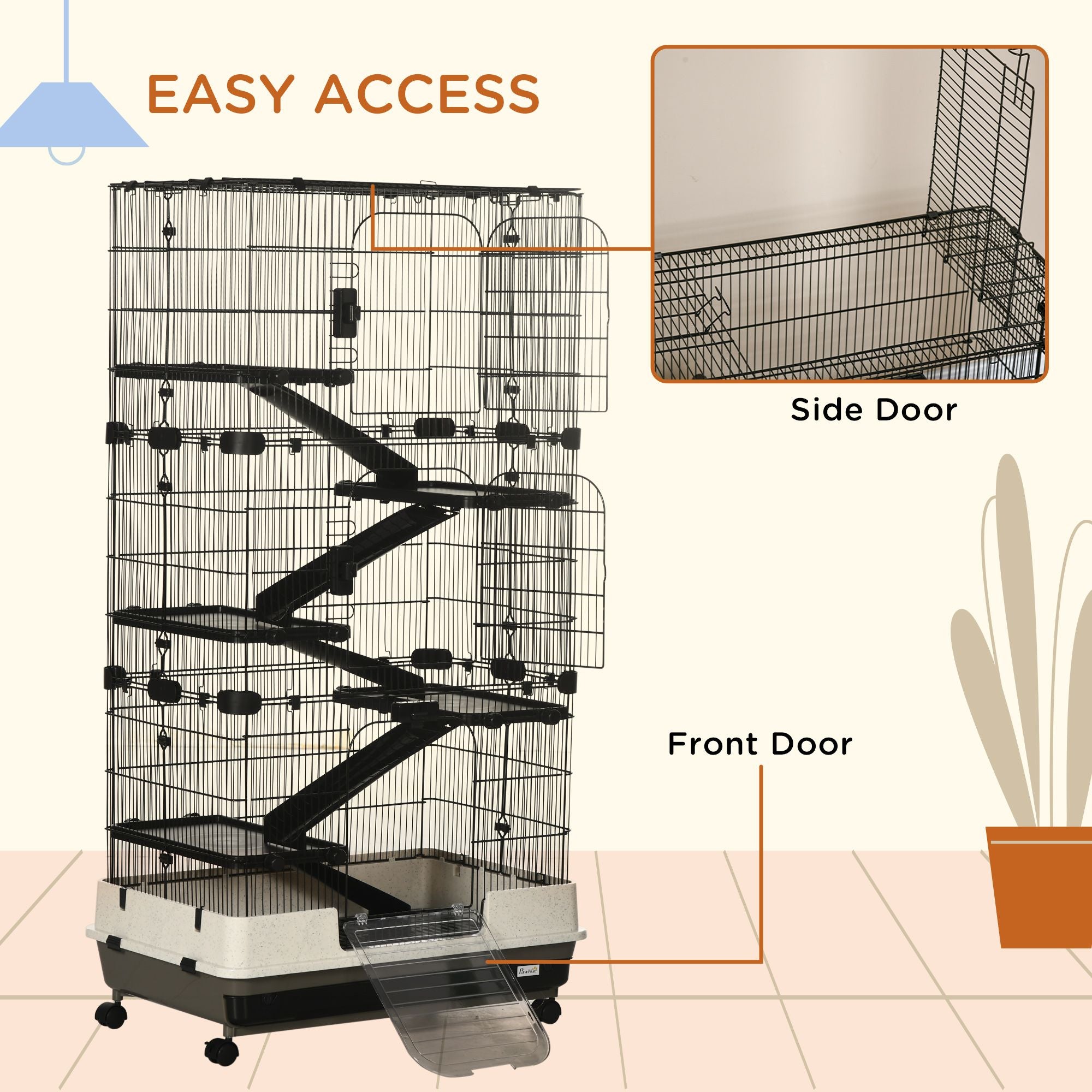 6-Tier Small Animal Cage with Wheels, Removable Trays, and Ramp