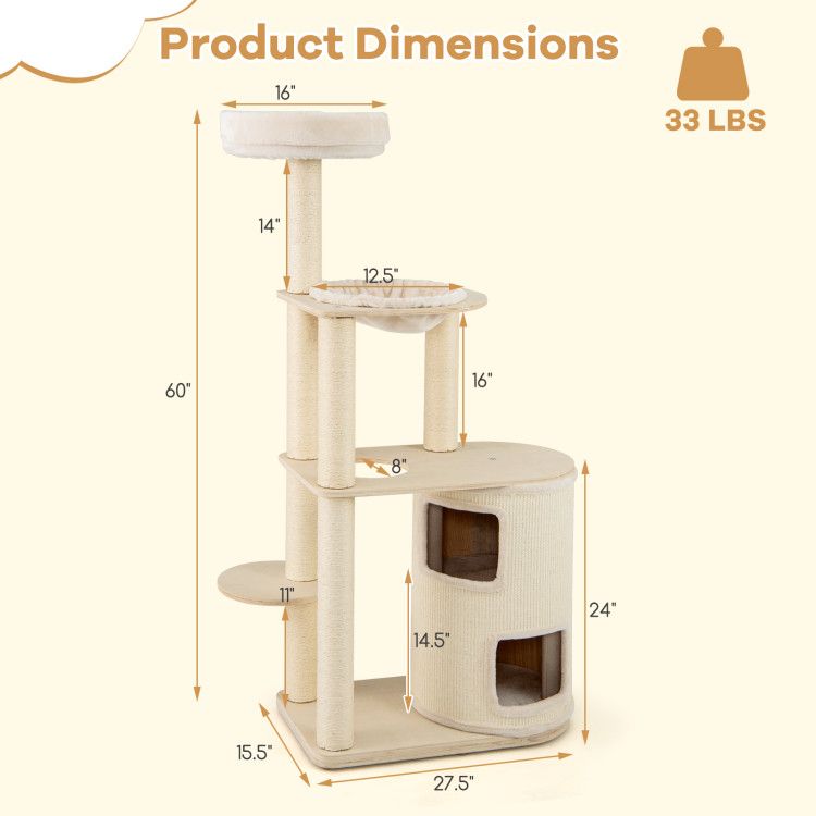 60 Inches Tall Cat Tree with 2-Story Condo and Sisal Scratching Posts