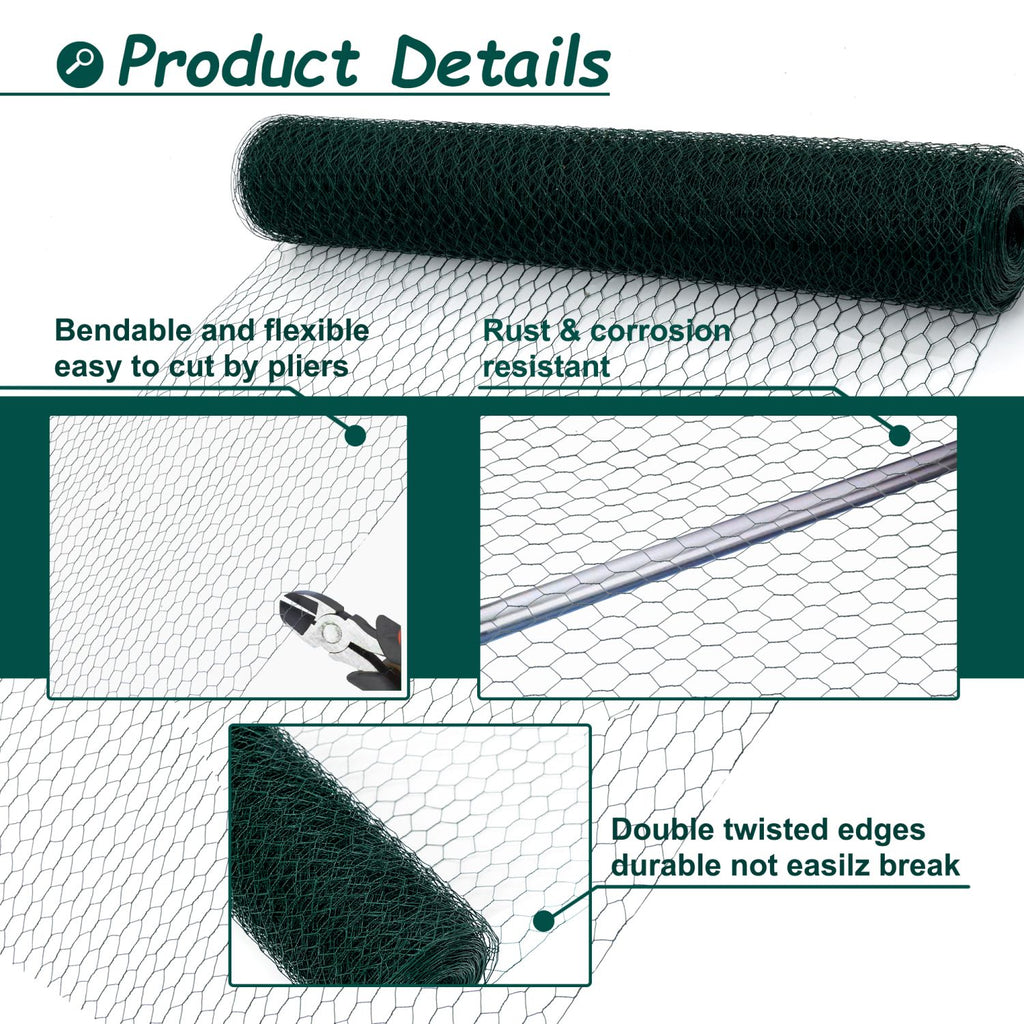 60M Large Size Galvanized Hexagonal Floral Green Chicken Wire, Outdoor Anti-Rust Chicken Wire Poultry Netting for Garden, Large Chicken Coop Wire Fencing