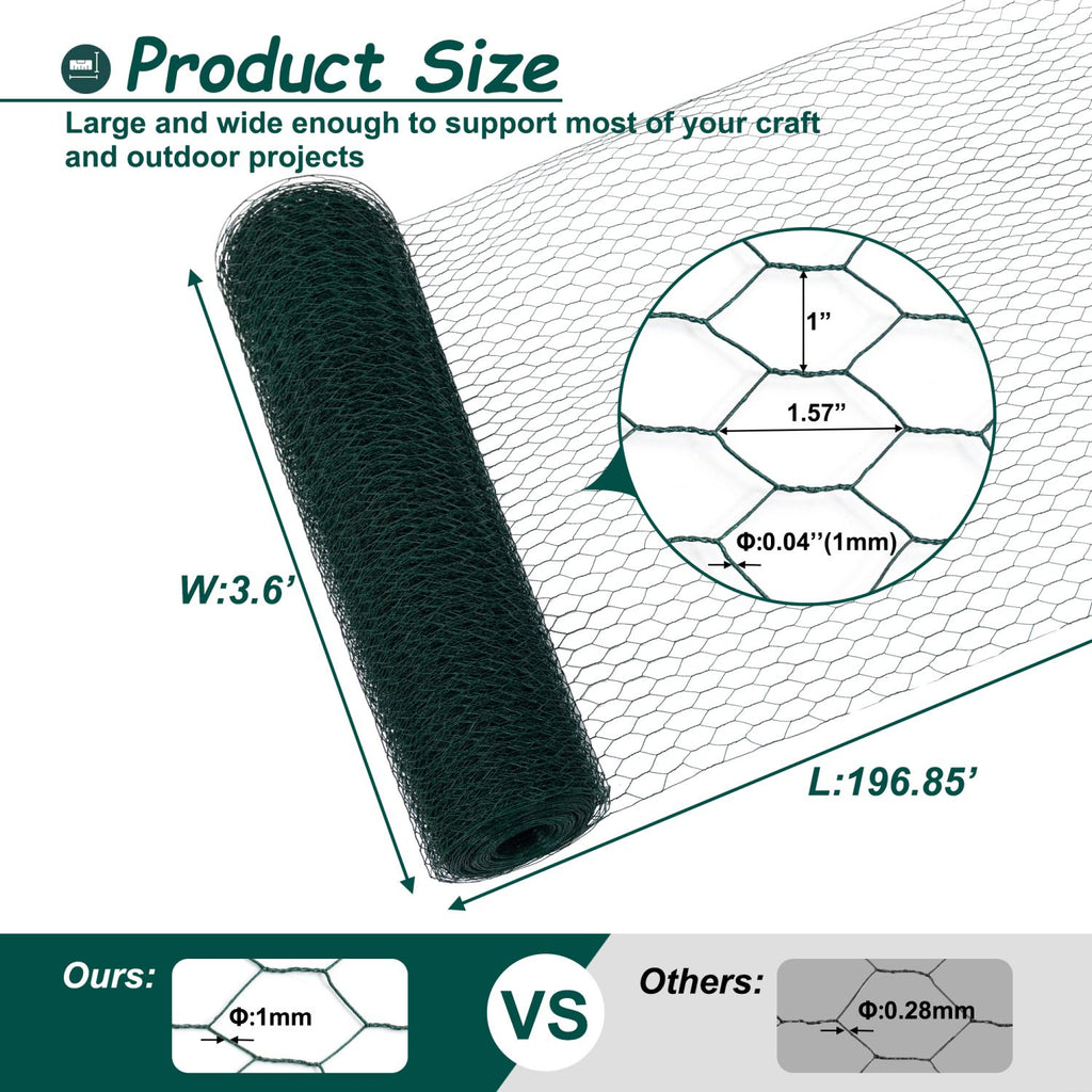 60M Large Size Galvanized Hexagonal Floral Green Chicken Wire, Outdoor Anti-Rust Chicken Wire Poultry Netting for Garden, Large Chicken Coop Wire Fencing