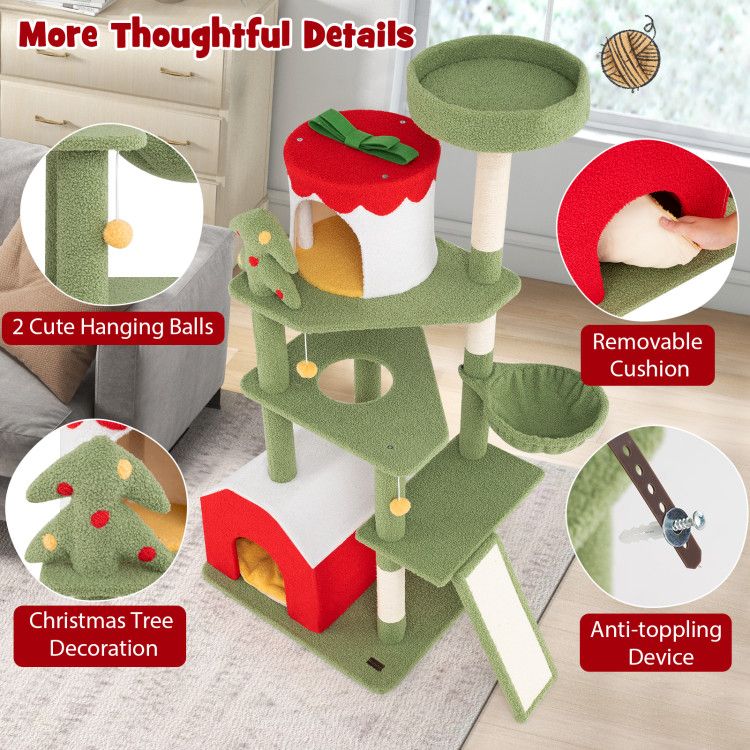 61 Inches Cute Christmas Cat Tree with Sisal Scratching Posts and 2 Condos
