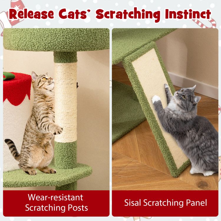 61 Inches Cute Christmas Cat Tree with Sisal Scratching Posts and 2 Condos