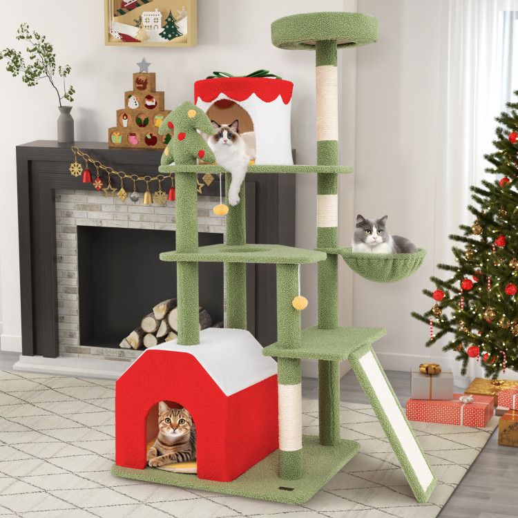 61 Inches Cute Christmas Cat Tree with Sisal Scratching Posts and 2 Condos