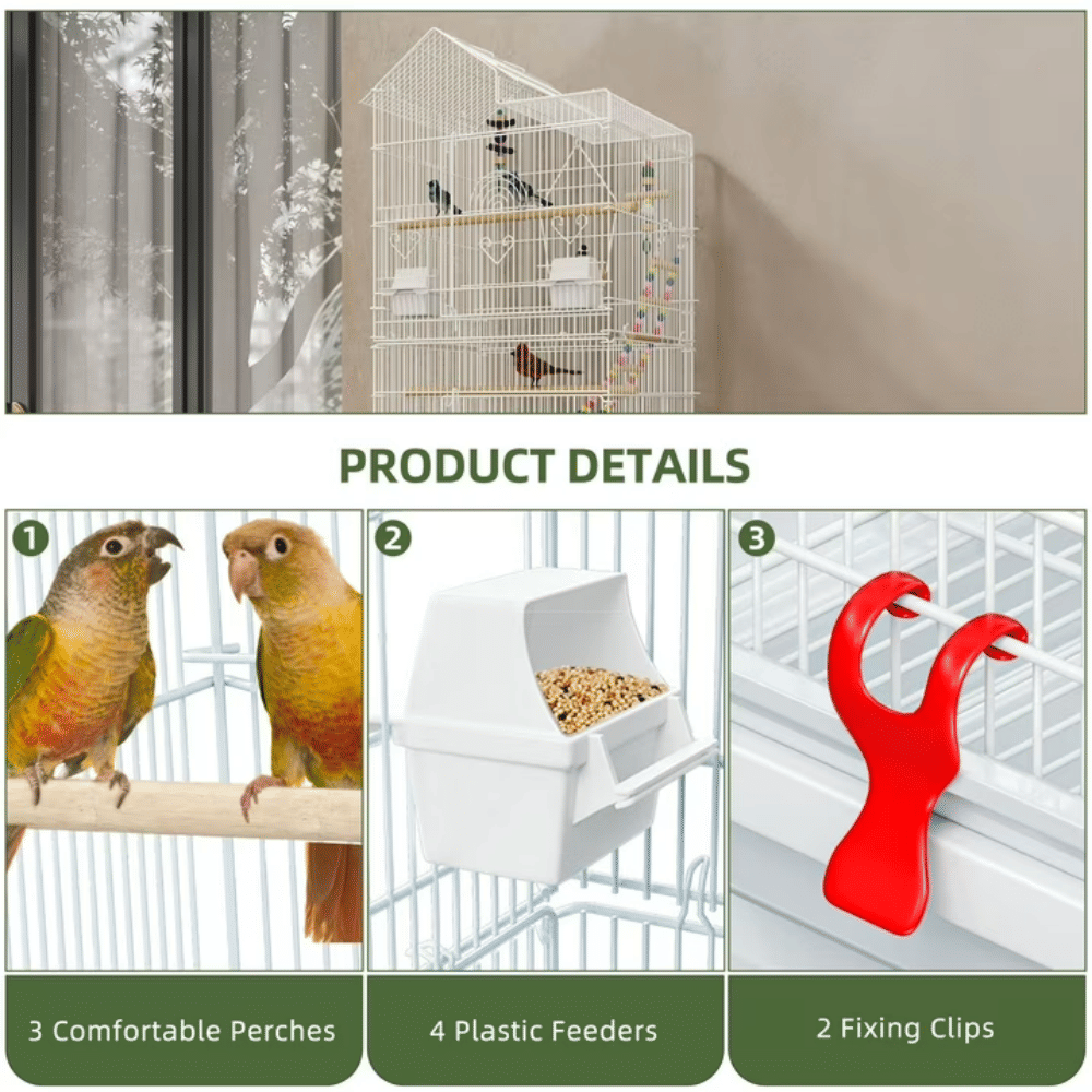 Large 62" Rolling structured Birdcage with 3 Perches and 4 Feeders