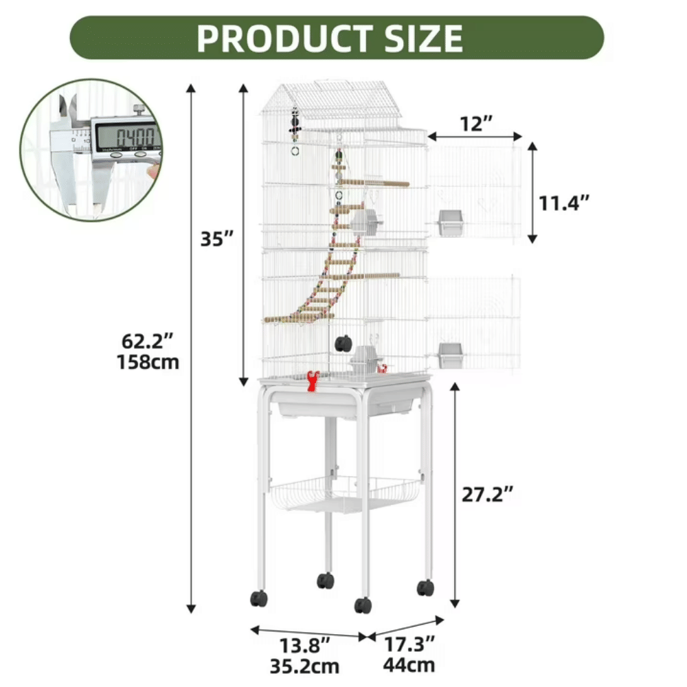 Large 62" Rolling structured Birdcage with 3 Perches and 4 Feeders