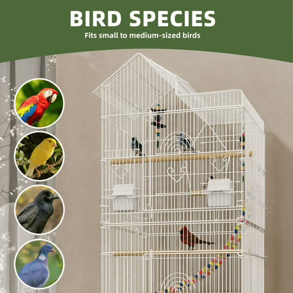 Large 62" Rolling structured Birdcage with 3 Perches and 4 Feeders