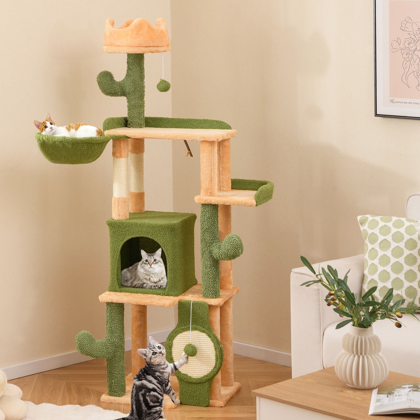 63 Cactus Cat Tree with Sisal Scratching Posts & Board for Indoor Cats