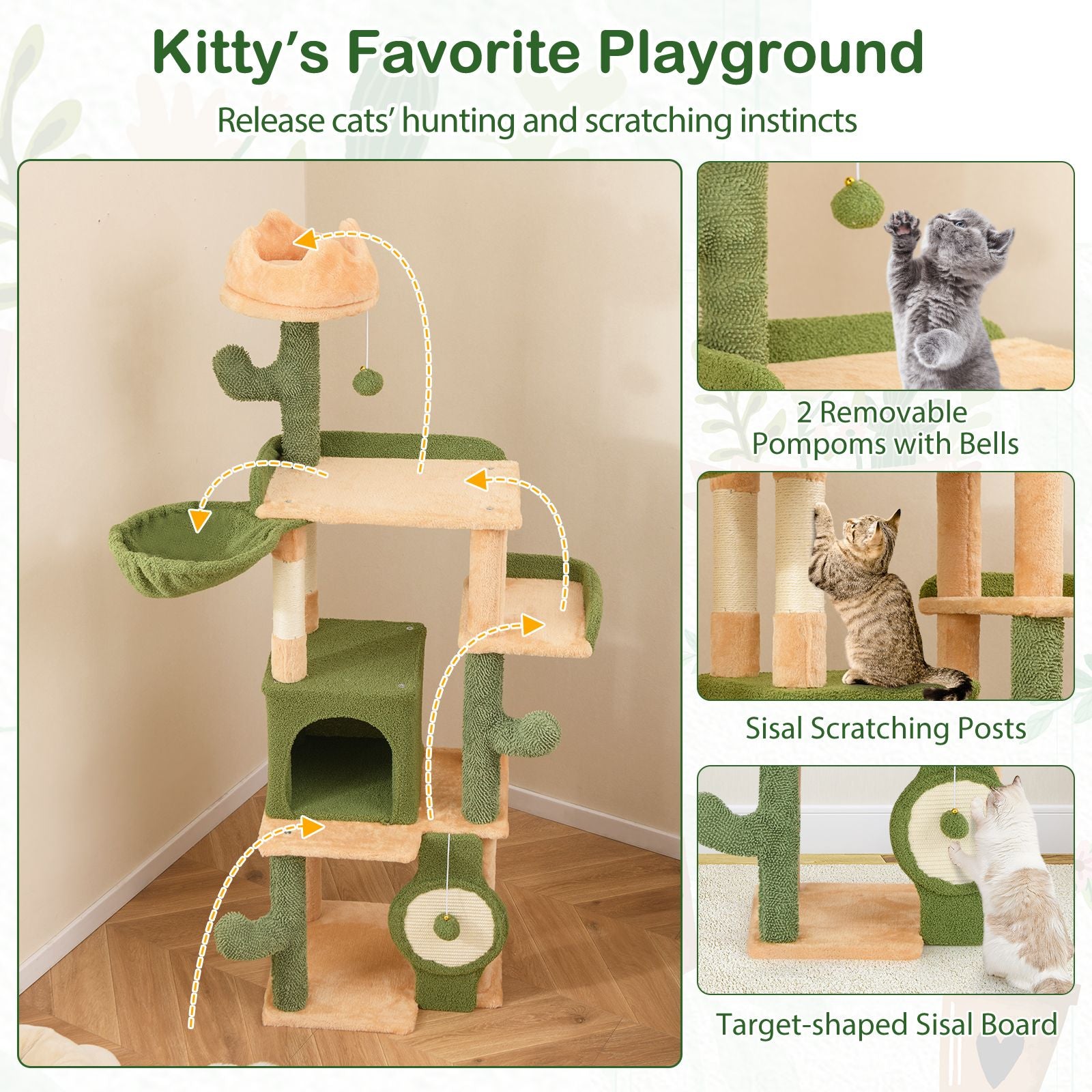 63 Cactus Cat Tree with Sisal Scratching Posts & Board for Indoor Cats