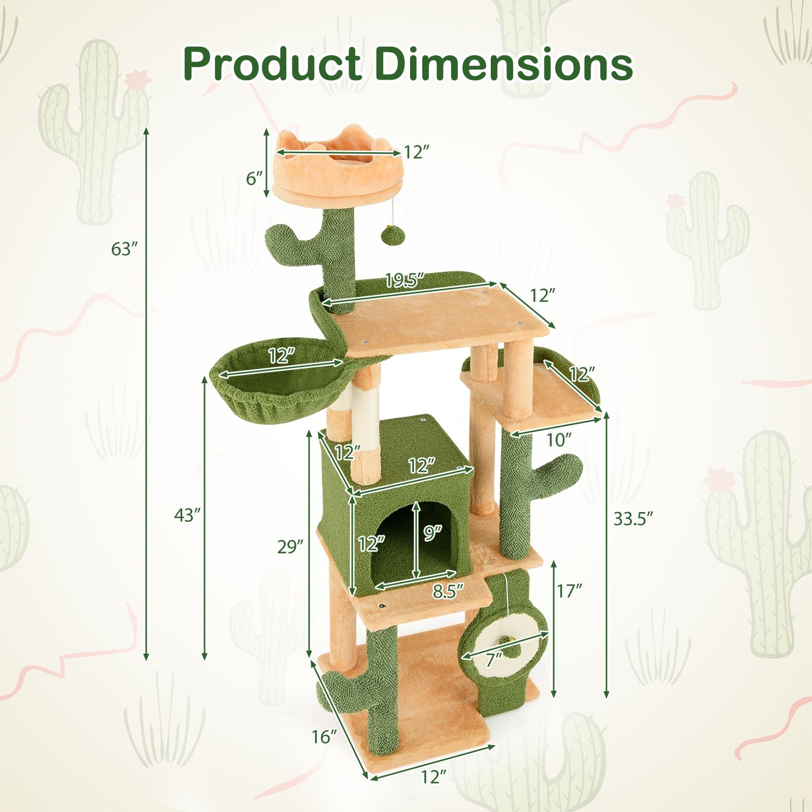 63 Cactus Cat Tree with Sisal Scratching Posts & Board for Indoor Cats