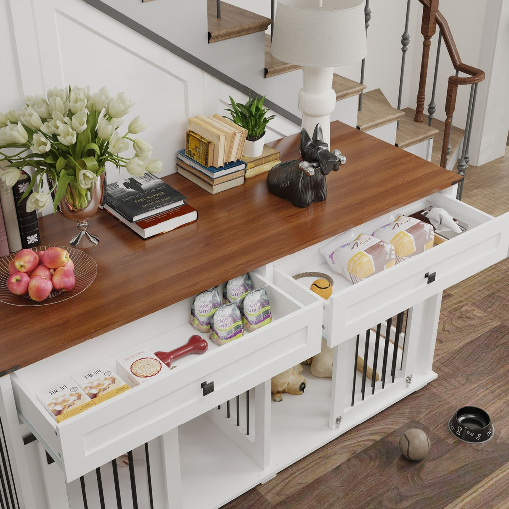 Rustic Furniture Style Double Dog Kennel with Storage Drawers
