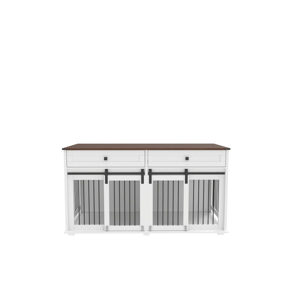 Rustic Furniture Style Double Dog Kennel with Storage Drawers