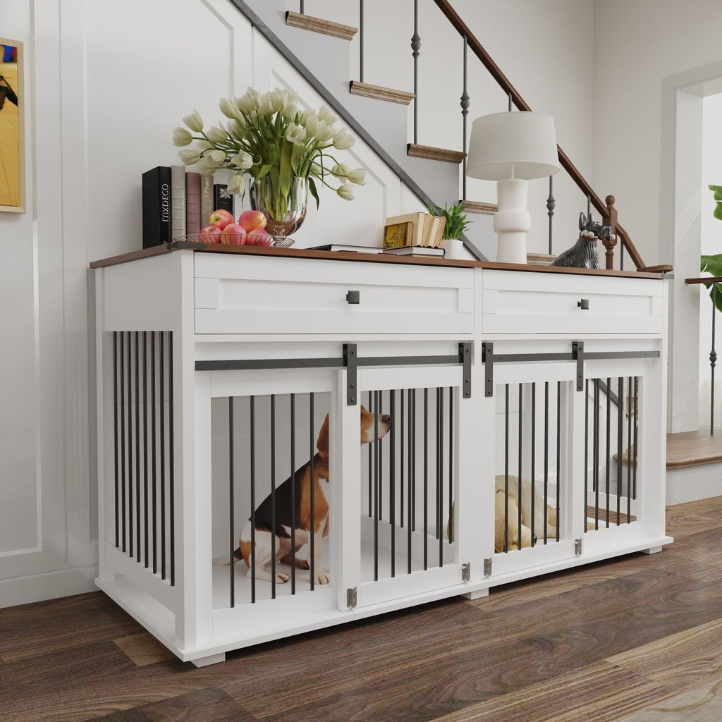 Rustic Furniture Style Double Dog Kennel with Storage Drawers