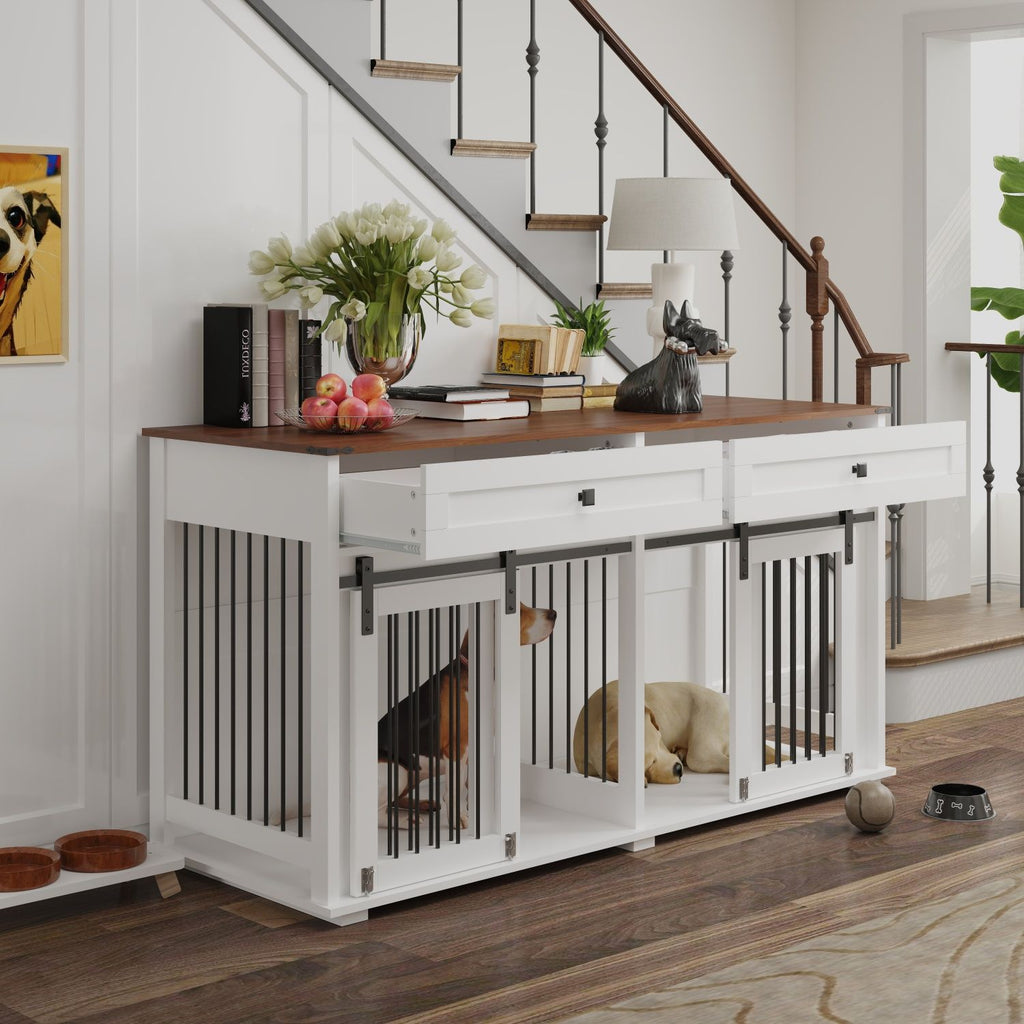 Rustic Furniture Style Double Dog Kennel with Storage Drawers