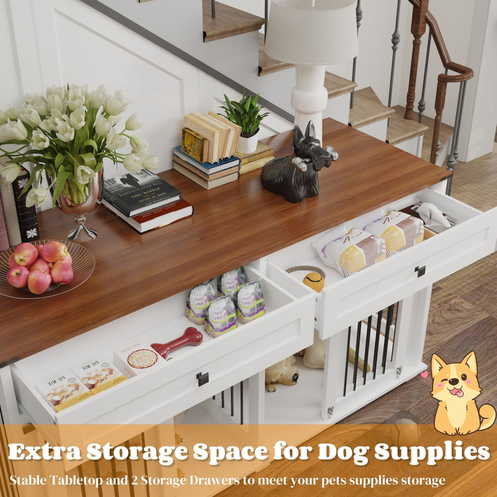 Rustic Furniture Style Double Dog Kennel with Storage Drawers