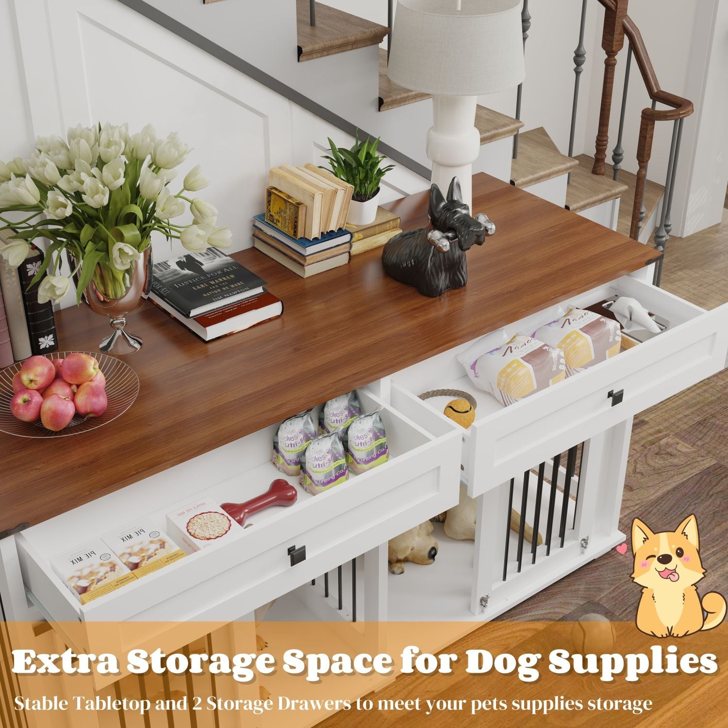 Rustic Furniture Style Double Dog Kennel with Storage Drawers