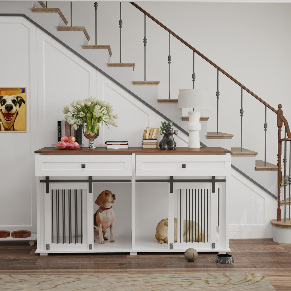 Rustic Furniture Style Double Dog Kennel with Storage Drawers