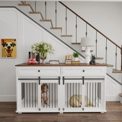 Rustic Furniture Style Double Dog Kennel with Storage Drawers