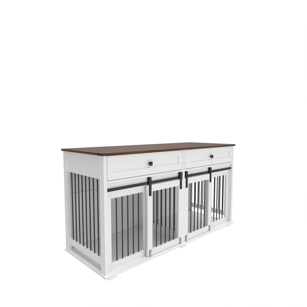 Rustic Furniture Style Double Dog Kennel with Storage Drawers