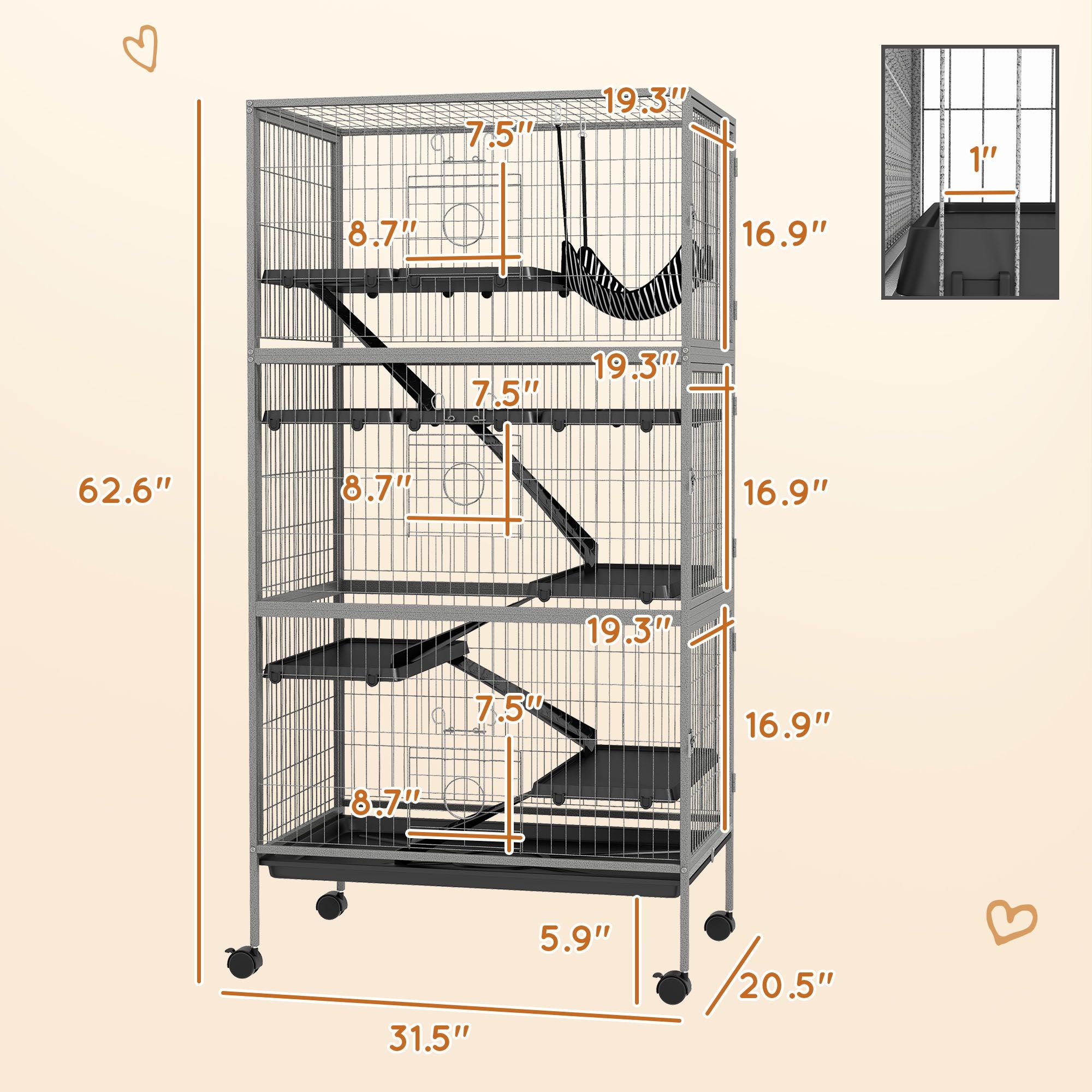 63- Tall Mobile Small Animal Habitat with Hammock for Ferrets and Chinchillas