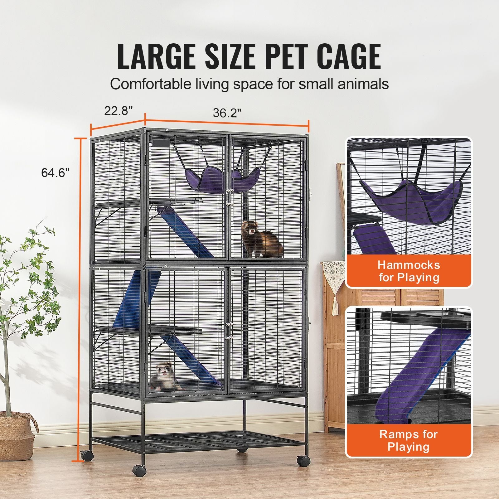 Large 64.6 Rolling structured Ferret Cage - 4 Tier with Ramps and Hammock