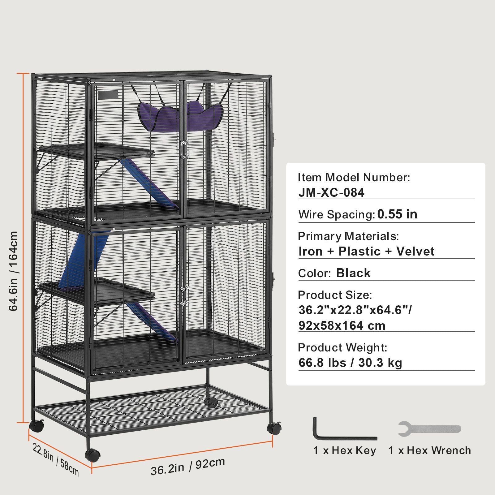 Large 64.6 Rolling structured Ferret Cage - 4 Tier with Ramps and Hammock