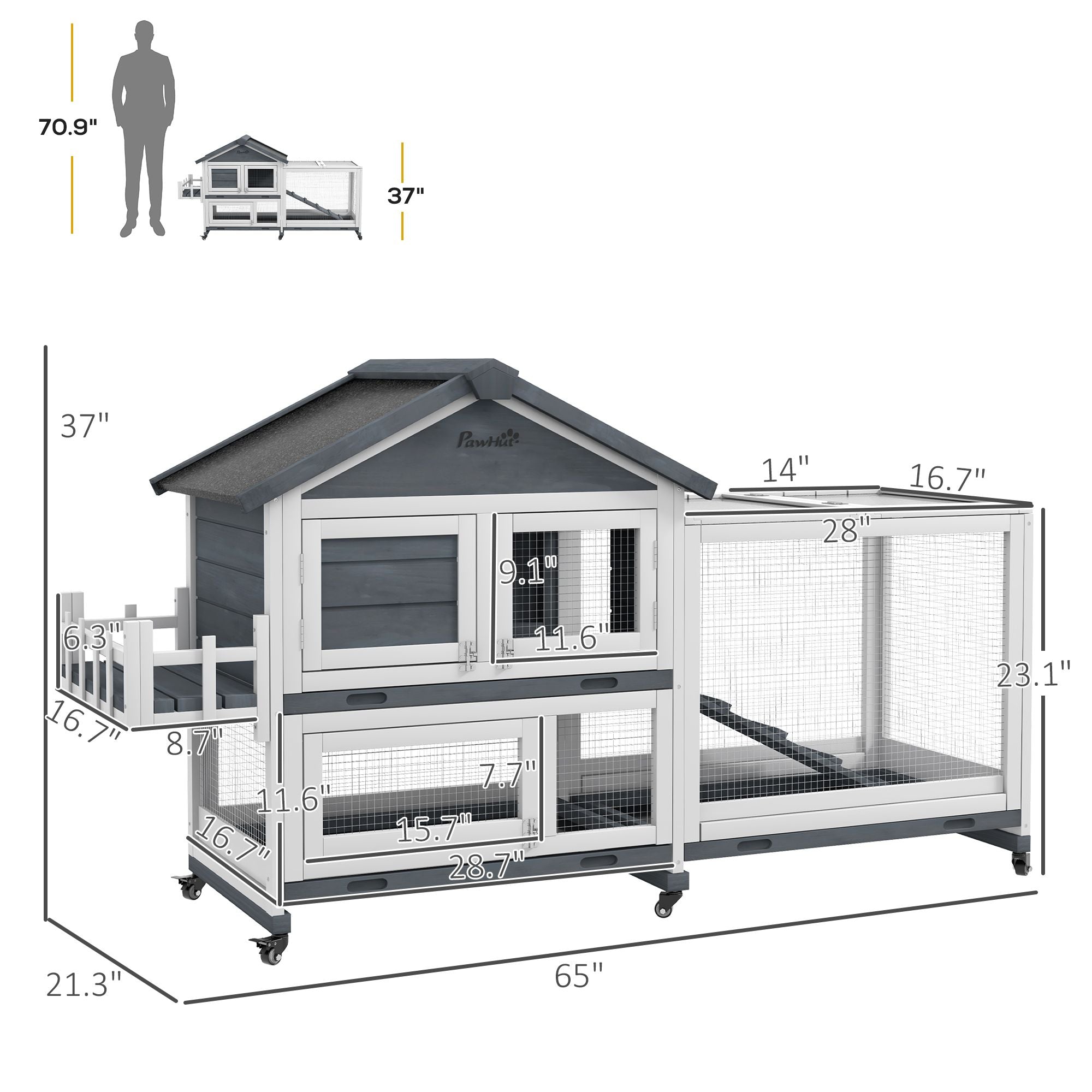 Spacious 65- furniture-style Rabbit Hutch with Open Roof & Storage
