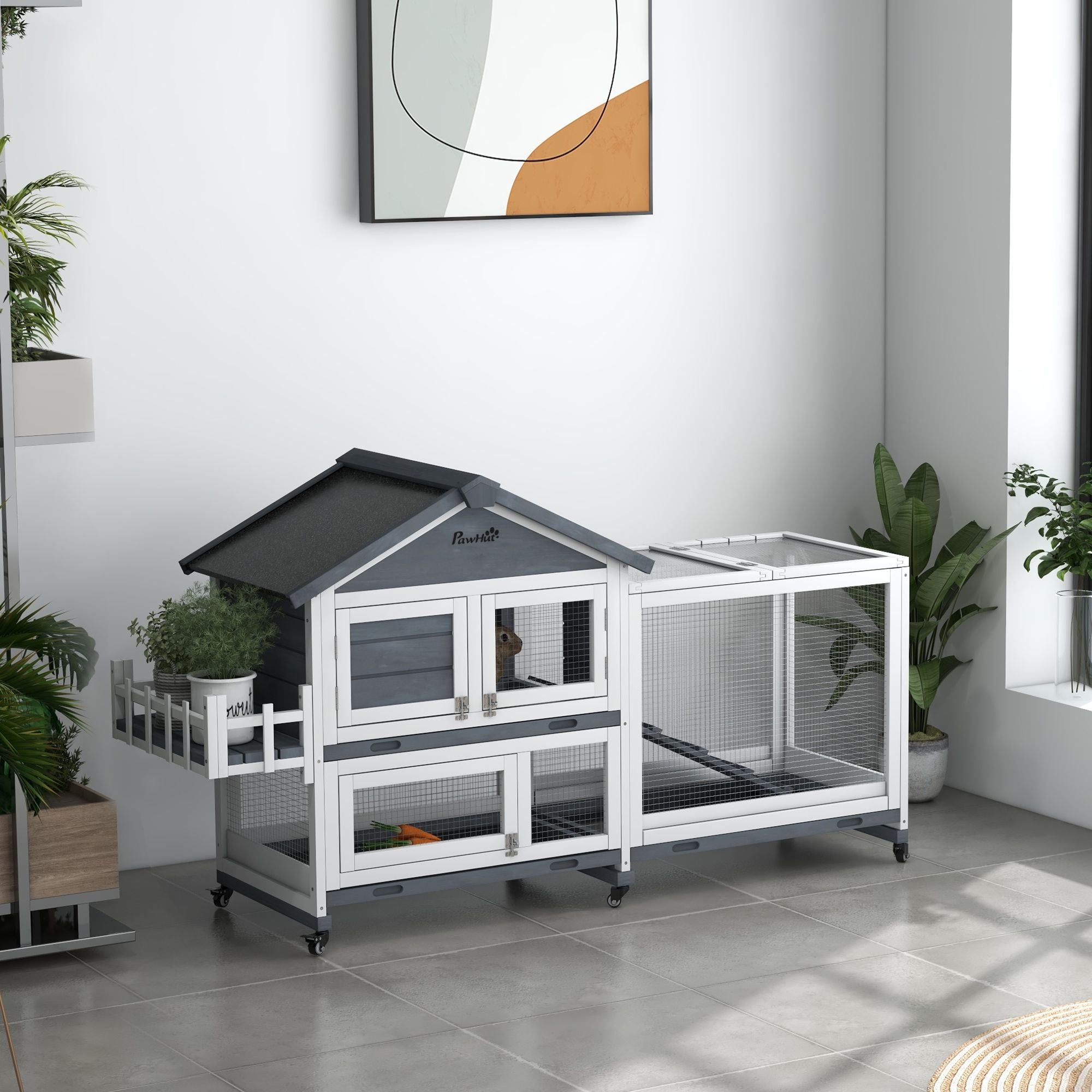 Spacious 65- furniture-style Rabbit Hutch with Open Roof & Storage