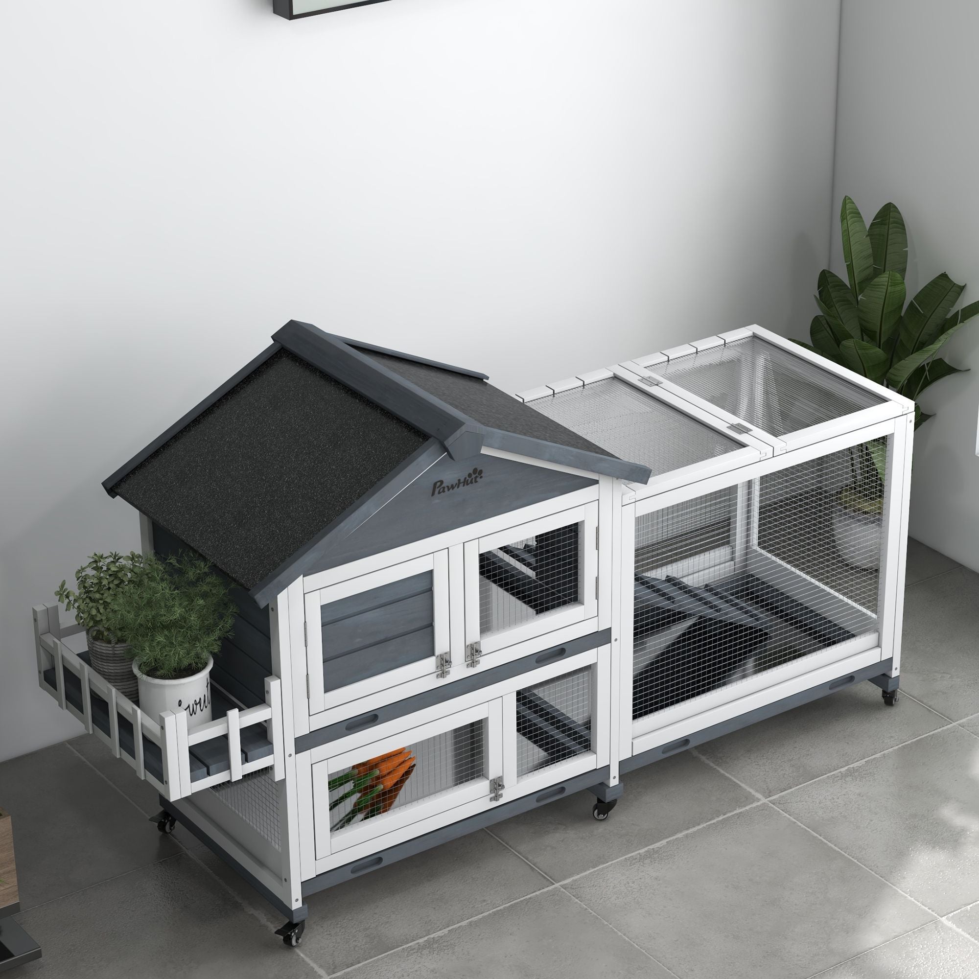 Spacious 65- furniture-style Rabbit Hutch with Open Roof & Storage