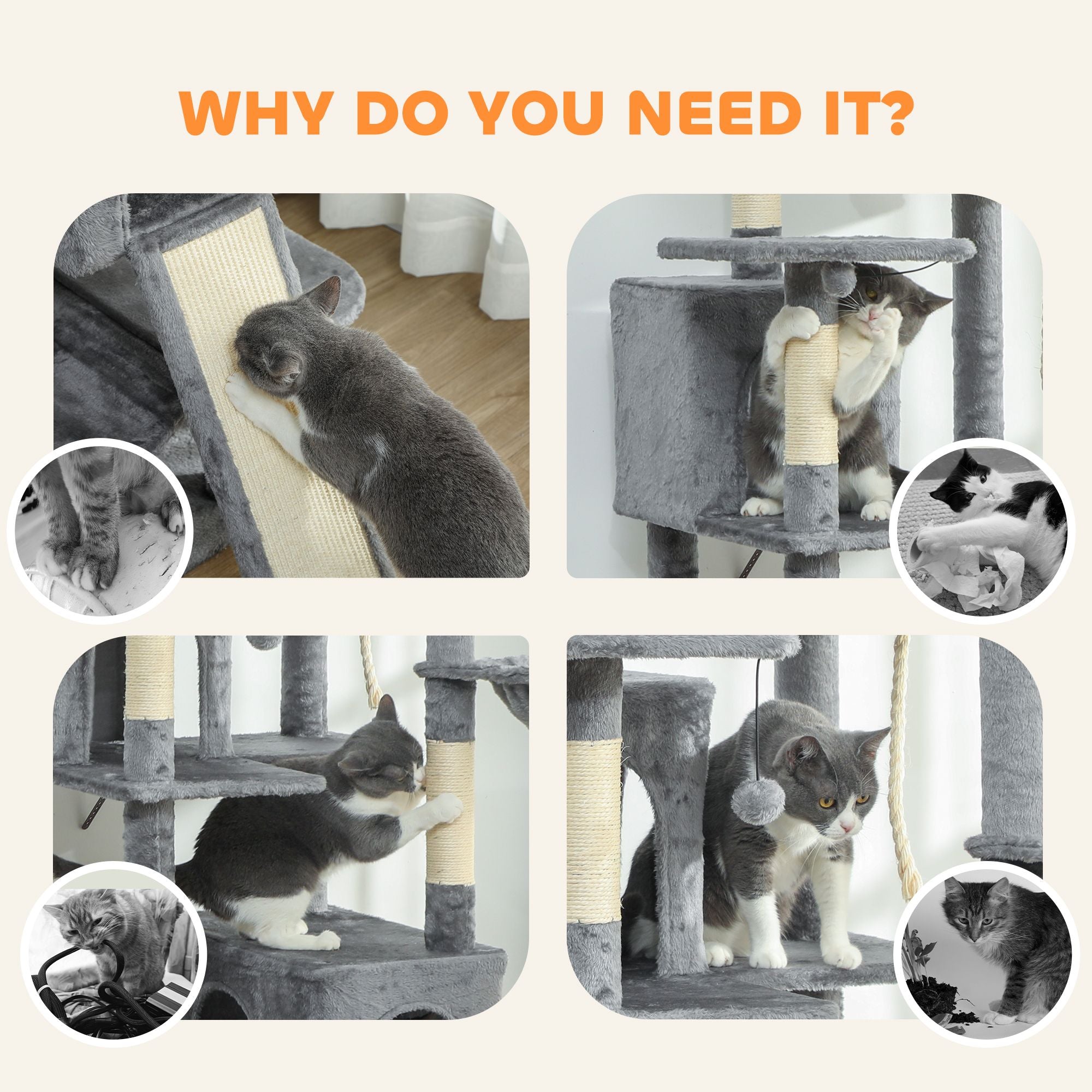 69" Cat Tree, Multi-Level Cat Tower with 2 Condos and 3 Hammocks, 8 Scratching Posts, for Multiple Cats, Dark Gray