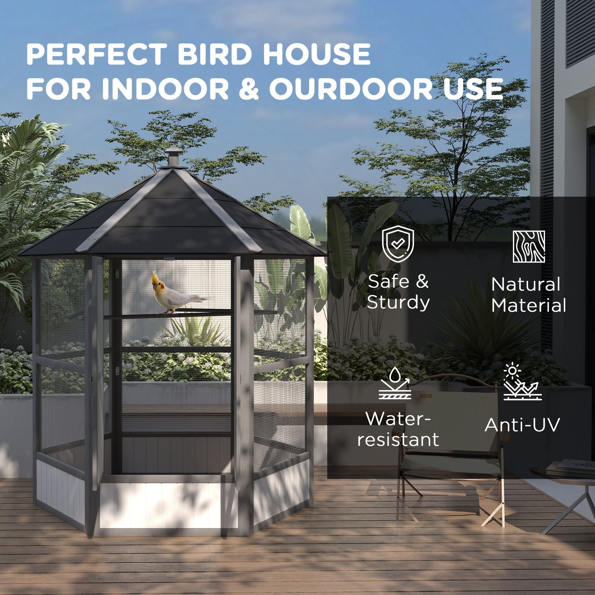 Spacious furniture-style Hexagonal Bird Aviary with Locking Doors