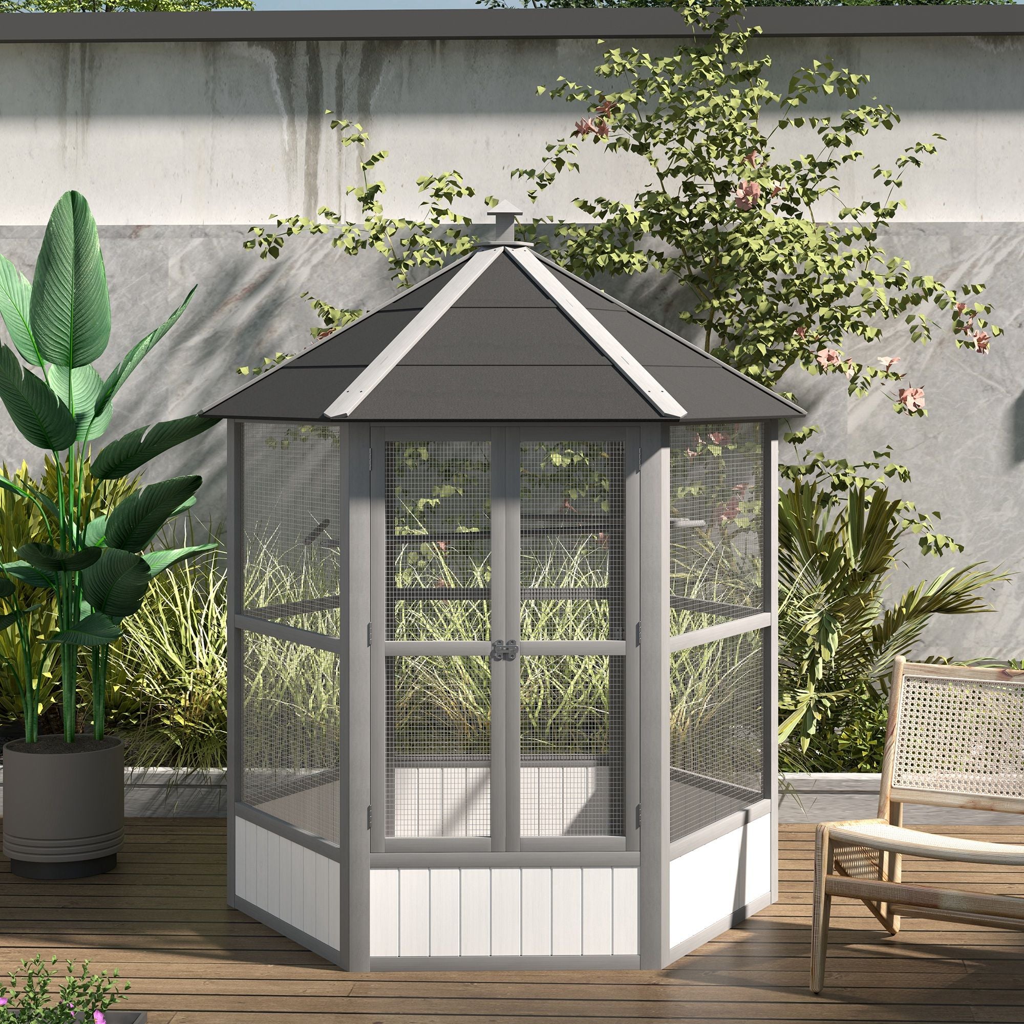 Spacious furniture-style Hexagonal Bird Aviary with Locking Doors
