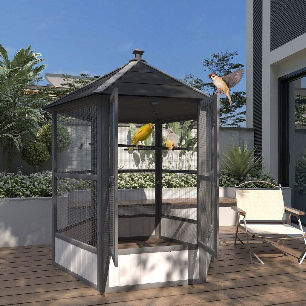 Spacious furniture-style Hexagonal Bird Aviary with Locking Doors