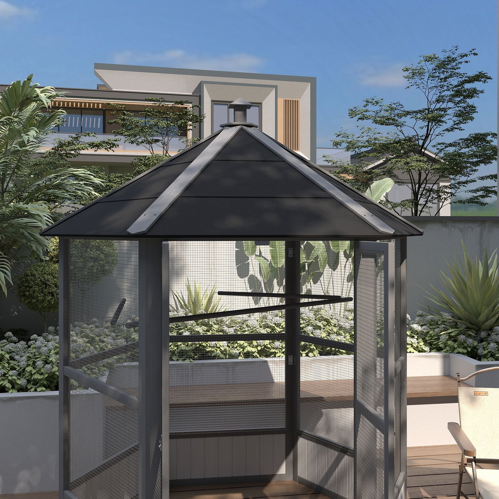 Spacious furniture-style Hexagonal Bird Aviary with Locking Doors