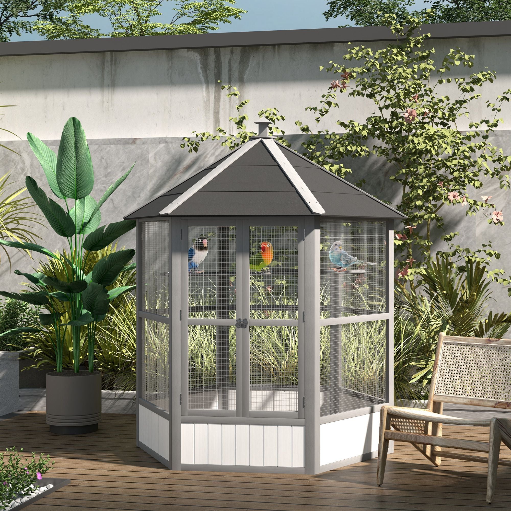 Spacious furniture-style Hexagonal Bird Aviary with Locking Doors