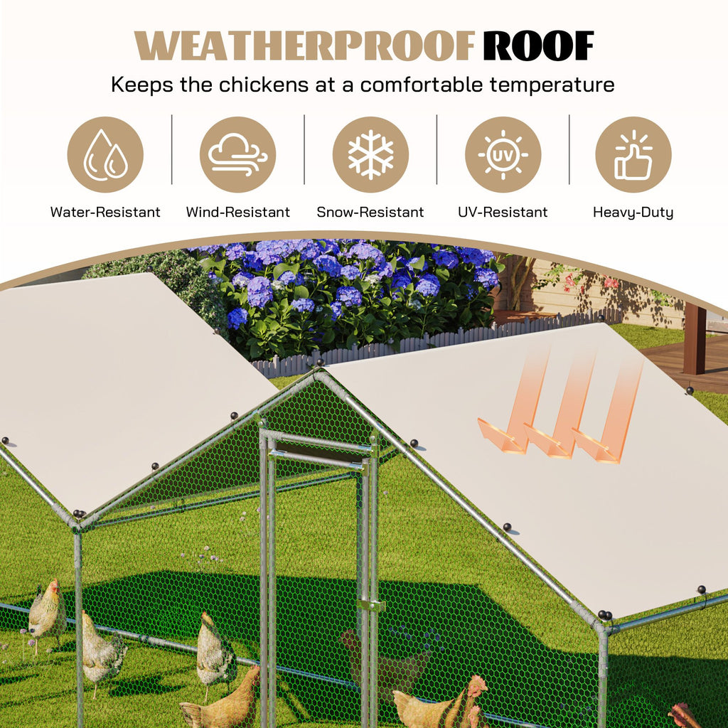 6'x20' Dual-Zone Walk-In Chicken Coop, Double Peak Metal Poultry Cage with Weatherproof Roof, Small Hex Mesh & Reinforced Wire for Backyard