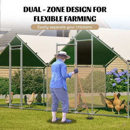 6'x20' Dual-Zone Walk-In Chicken Coop, Double Peak Metal Poultry Cage with Weatherproof Roof, Small Hex Mesh & Reinforced Wire for Backyard