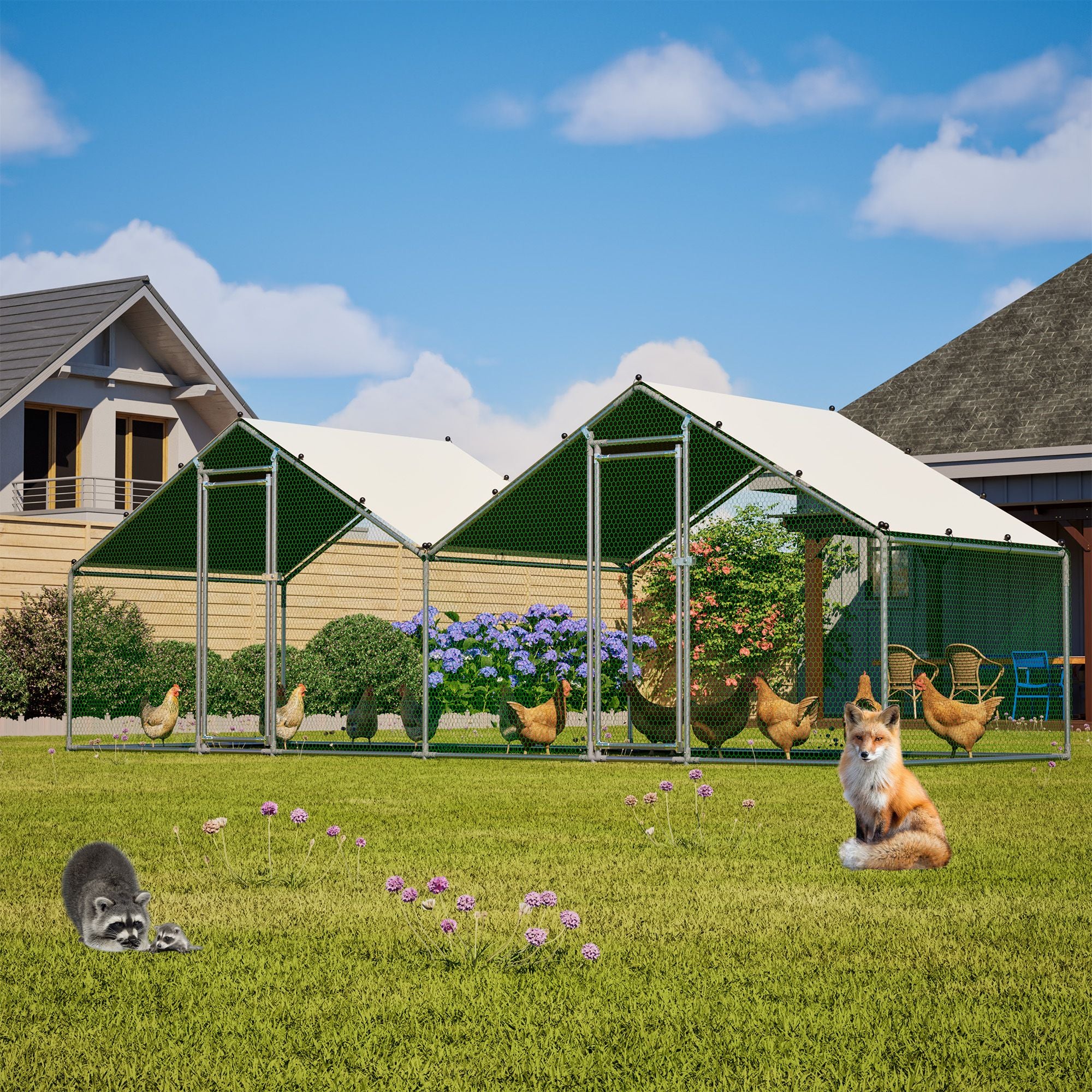 6'x20' Dual-Zone Walk-In Chicken Coop, Double Peak Metal Poultry Cage with Weatherproof Roof, Small Hex Mesh & Reinforced Wire for Backyard