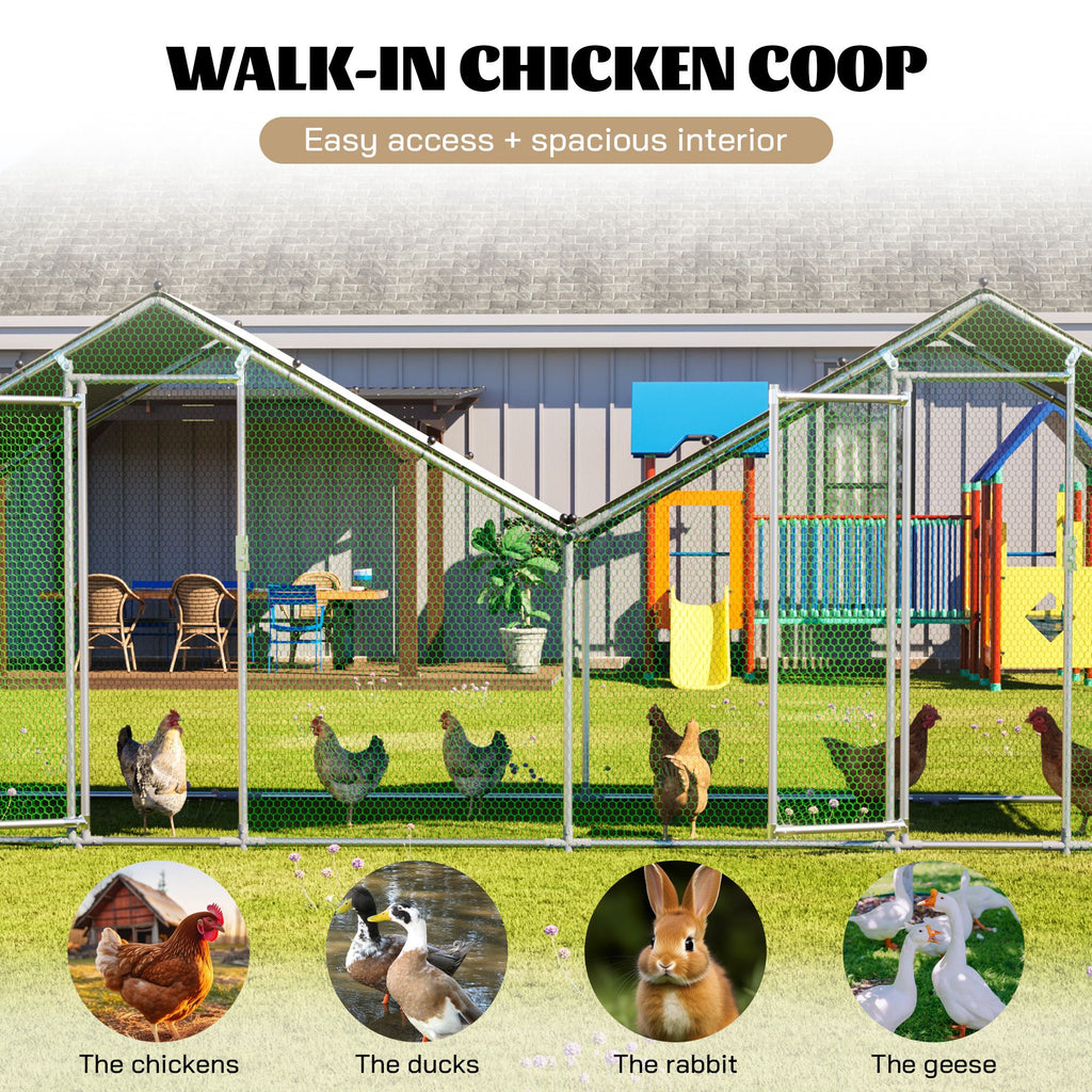 6'x20' Dual-Zone Walk-In Chicken Coop, Double Peak Metal Poultry Cage with Weatherproof Roof, Small Hex Mesh & Reinforced Wire for Backyard