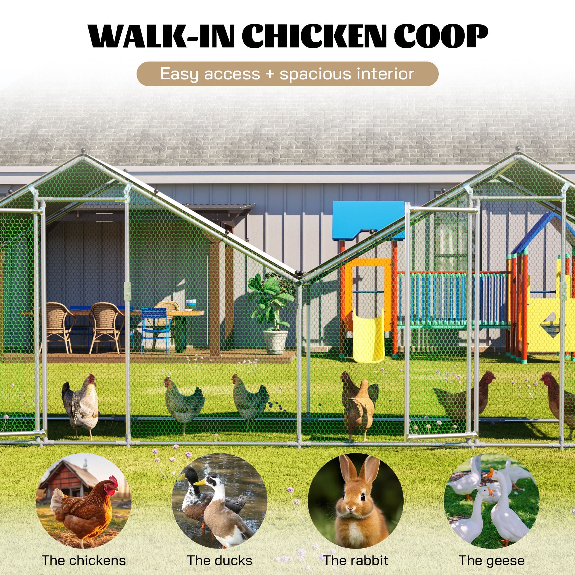 6'x20' Dual-Zone Walk-In Chicken Coop, Double Peak Metal Poultry Cage with Weatherproof Roof, Small Hex Mesh & Reinforced Wire for Backyard