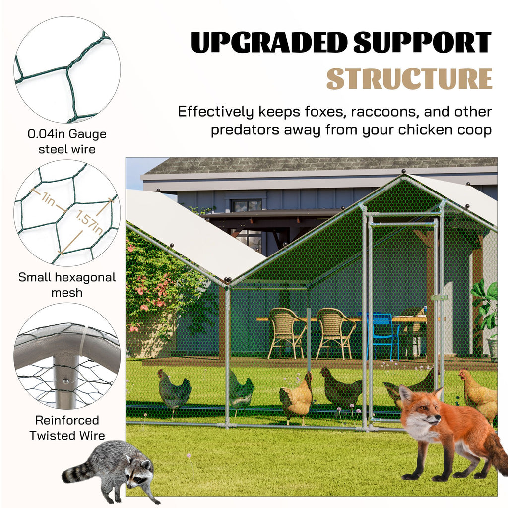 6'x20' Dual-Zone Walk-In Chicken Coop, Double Peak Metal Poultry Cage with Weatherproof Roof, Small Hex Mesh & Reinforced Wire for Backyard